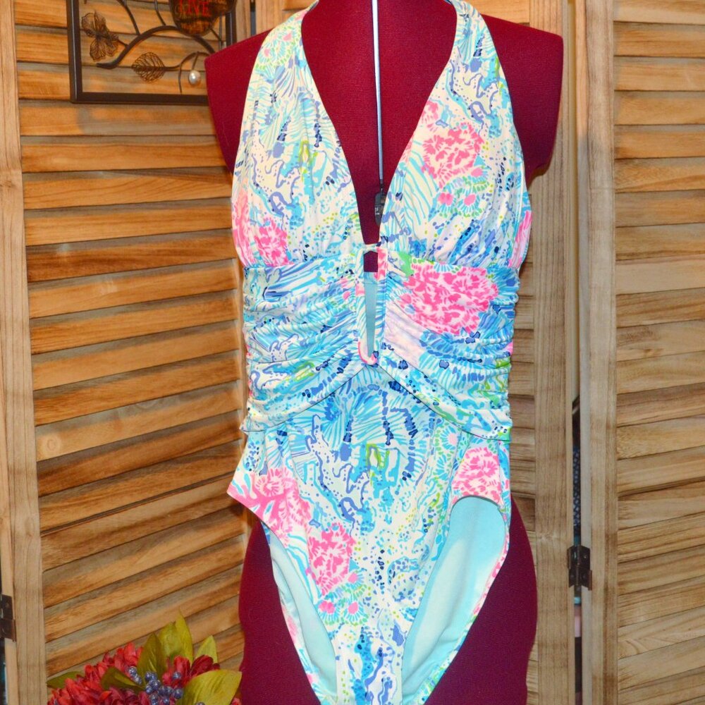 Lilly Pulitzer 2 Lanai One Piece Bathing Suit Pink Aqua White